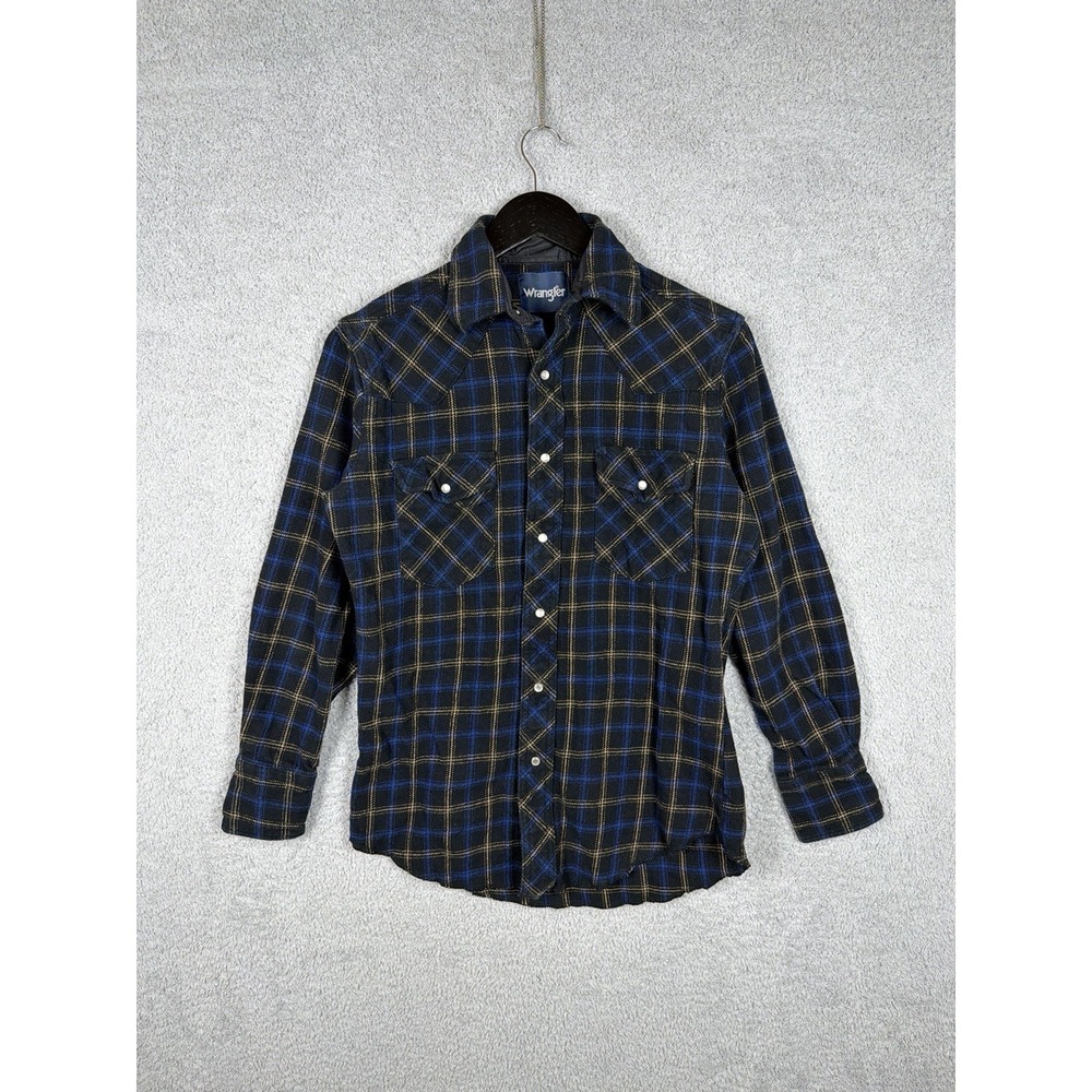 Wrangler Mens Size S Pearl Snap Shirt Blue Flannel Plaid Western Cowboy